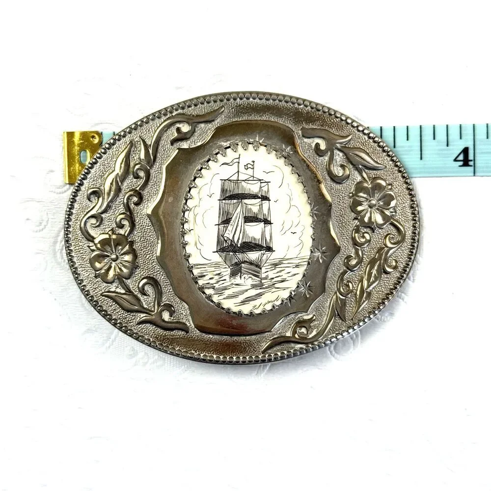 Vintage Sailing Ship Scrimshaw Belt Buckle Silver Metal Bone Floral